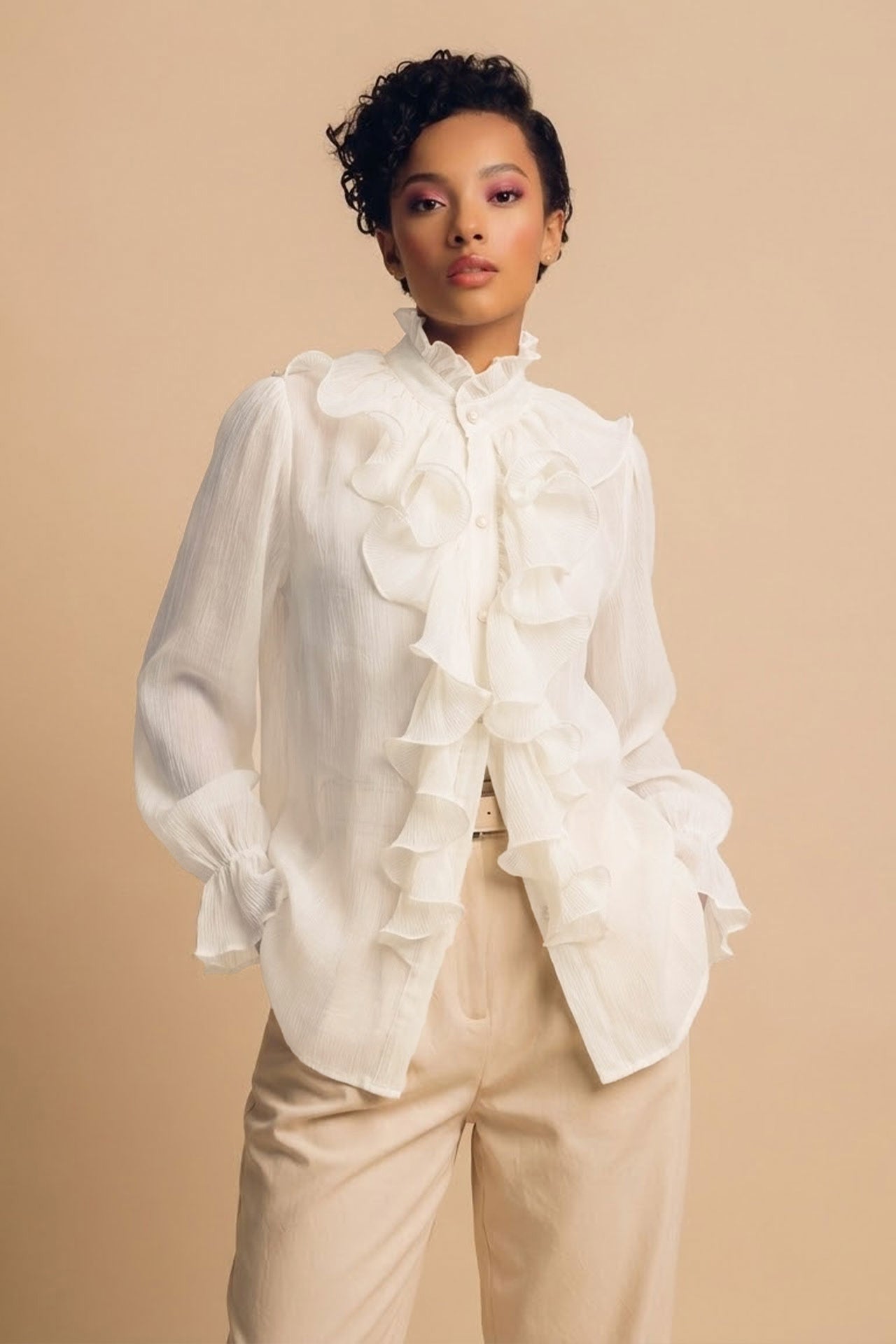 Luxe White Chiffon Ruffle Blouse | High Neck Button-Up Top