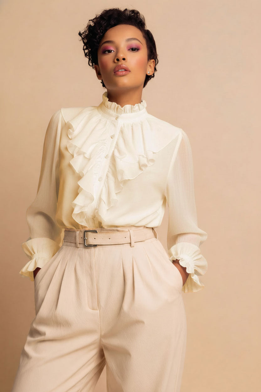 Luxe Beige Chiffon Ruffle Blouse | High Neck Button-Up Top