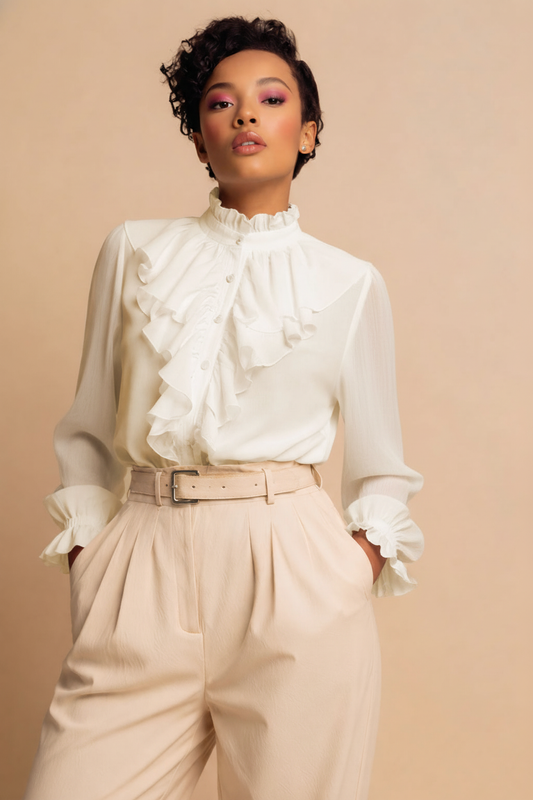 Luxe White Chiffon Ruffle Blouse | High Neck Button-Up Top