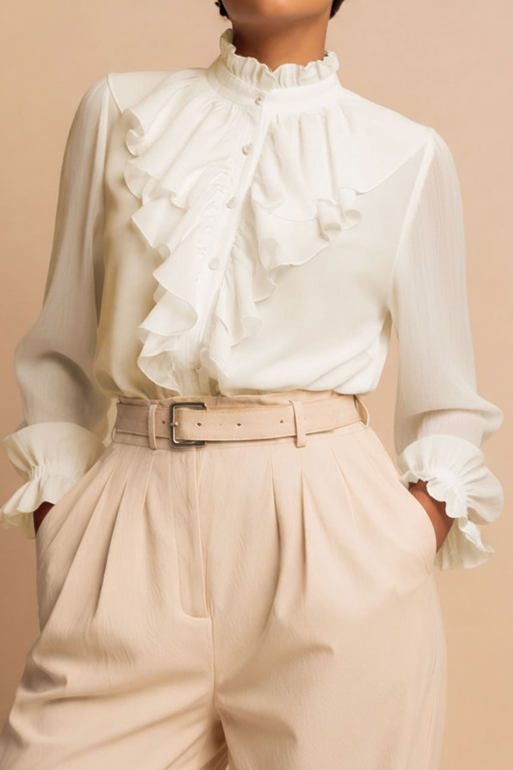 Luxe White Chiffon Ruffle Blouse | High Neck Button-Up Top
