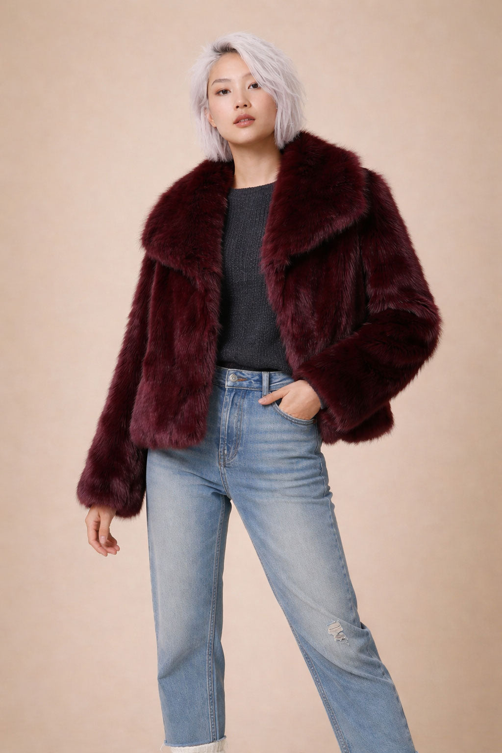 Faux Fur Coat - Burgundy