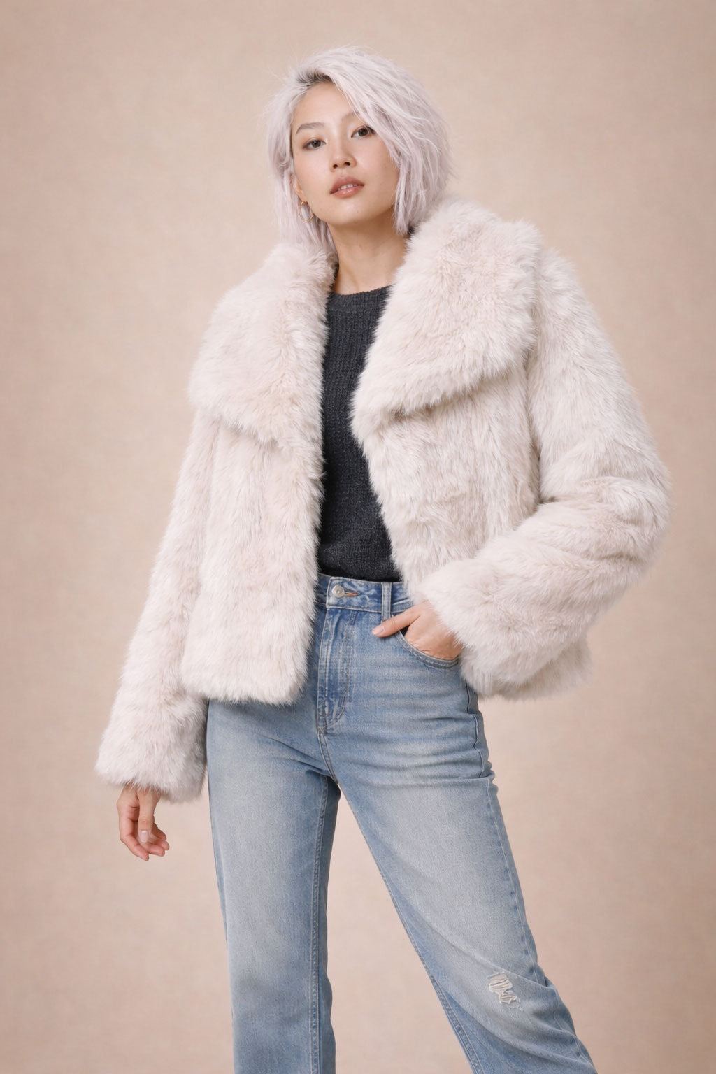Faux Fur Jacket - Beige Teddy Coat Women
