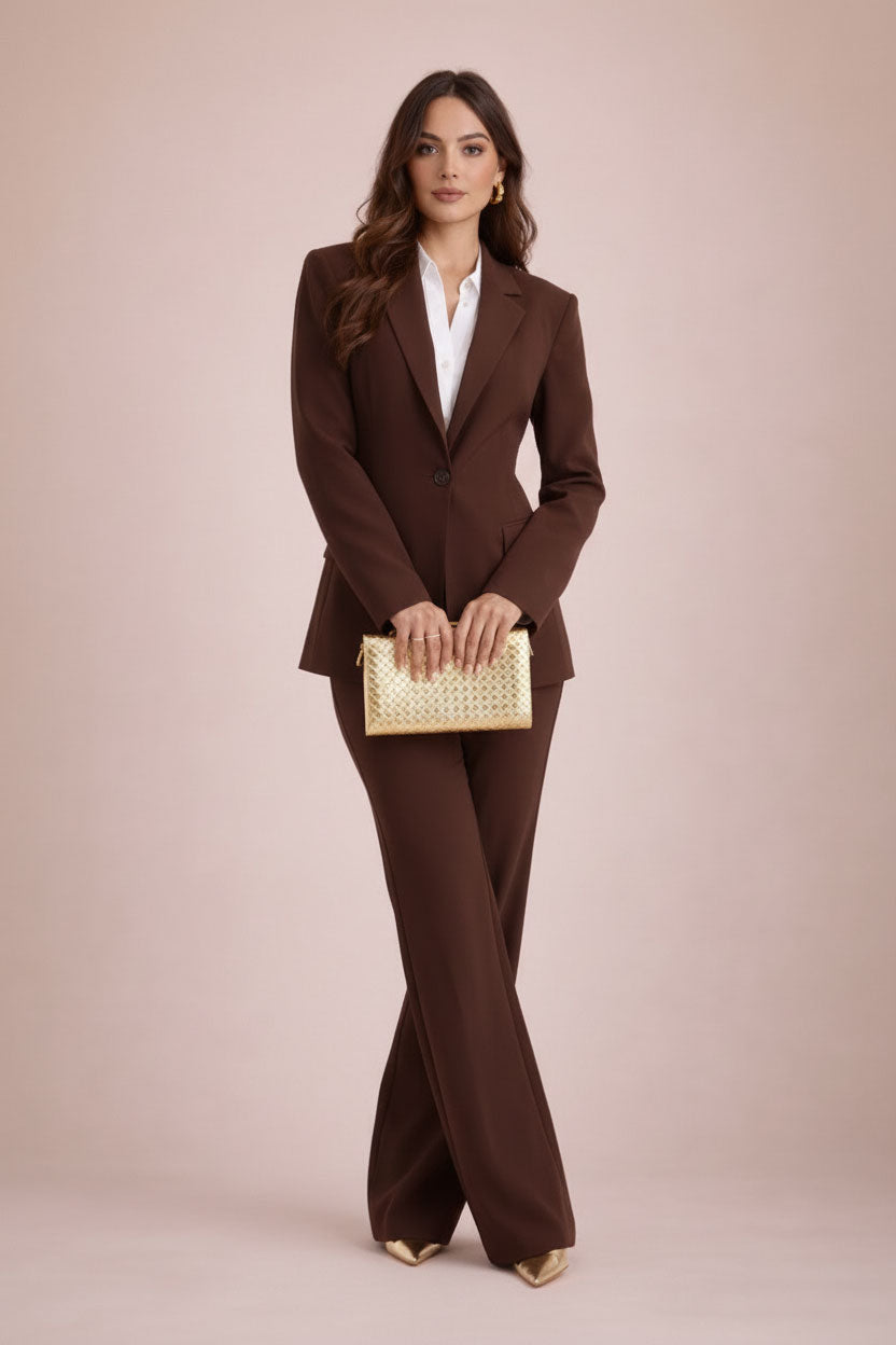 Woman in a brown suit holding a gold clutch against a beige background