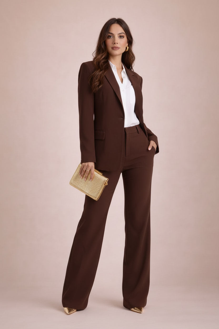 Woman in a brown suit holding a gold clutch against a beige background