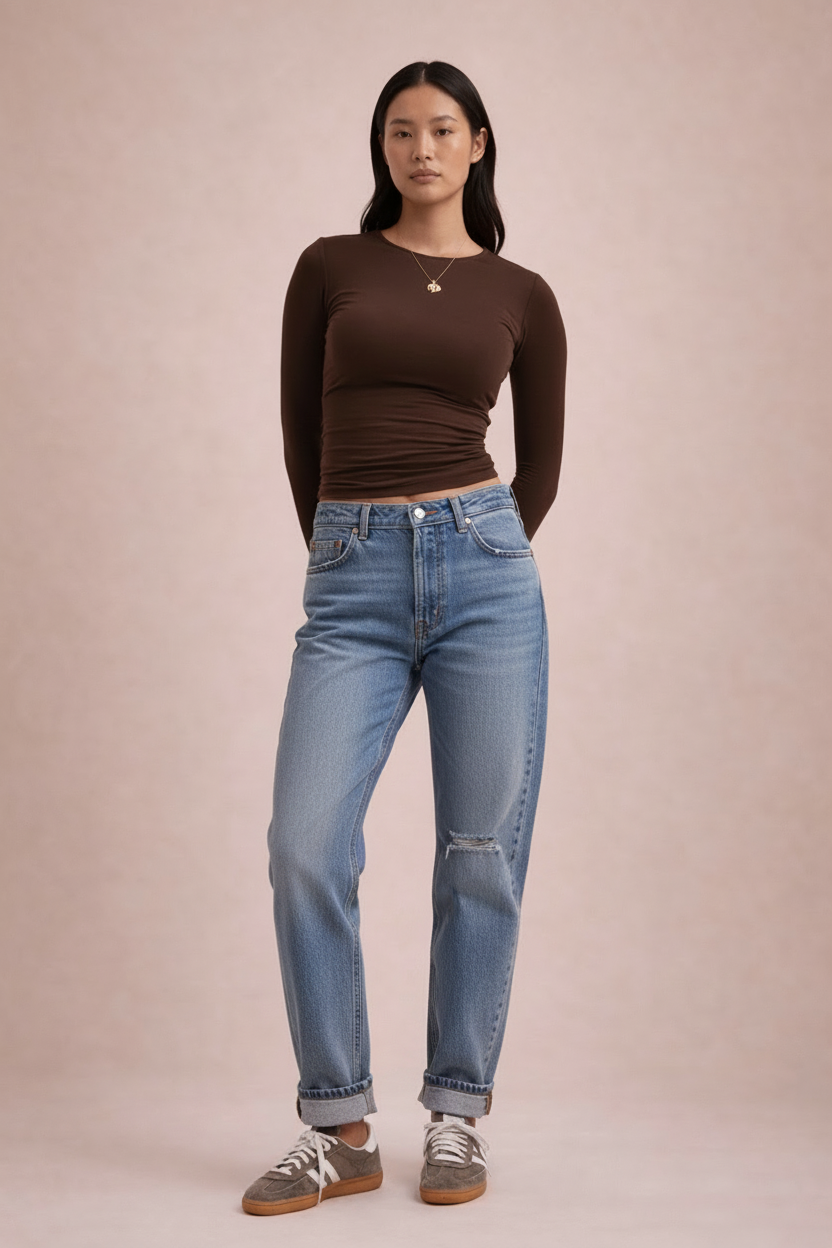 Woman wearing a brown long-sleeve top and blue jeans against a beige background