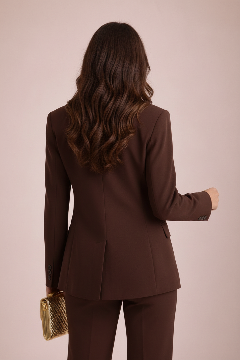Woman wearing a brown suit with a gold handbag on a beige background