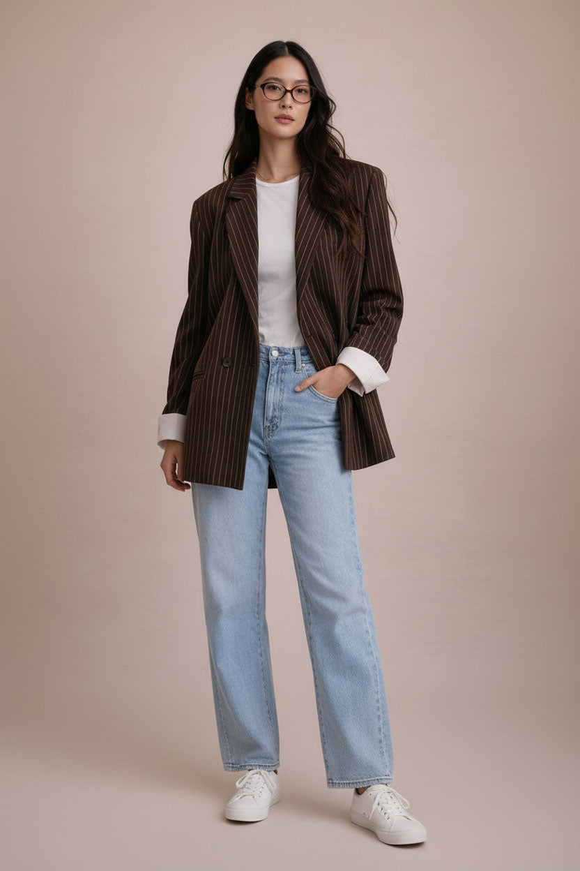 Woman wearing a brown pinstripe blazer, white shirt, light blue jeans, and white sneakers on a beige background