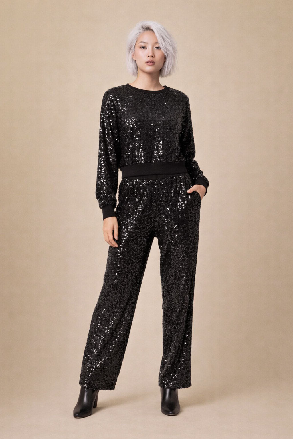 Lyza Elegant Black Two-Piece Set | Long Sleeve Crewneck & Straight-Leg Pants