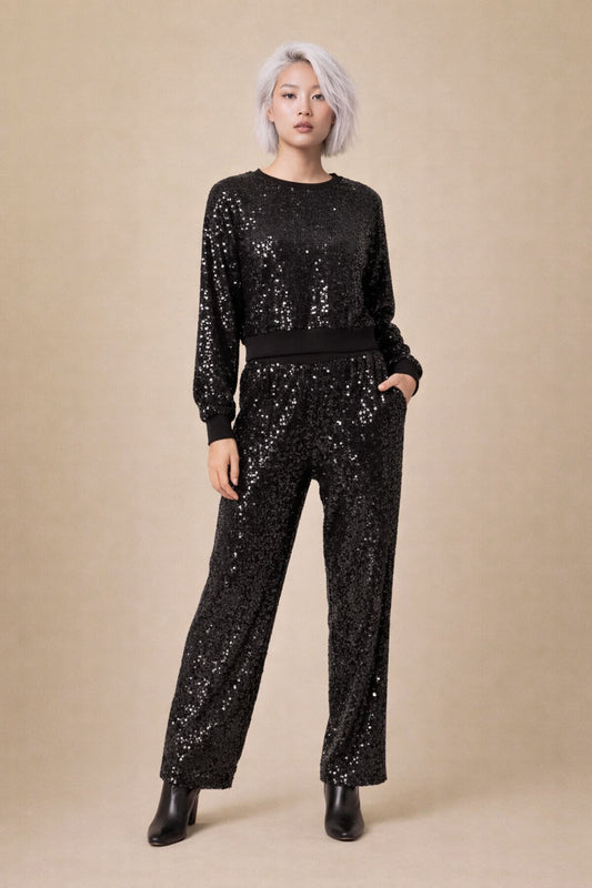 Lyza Elegant Black Two-Piece Set | Long Sleeve Crewneck & Straight-Leg Pants