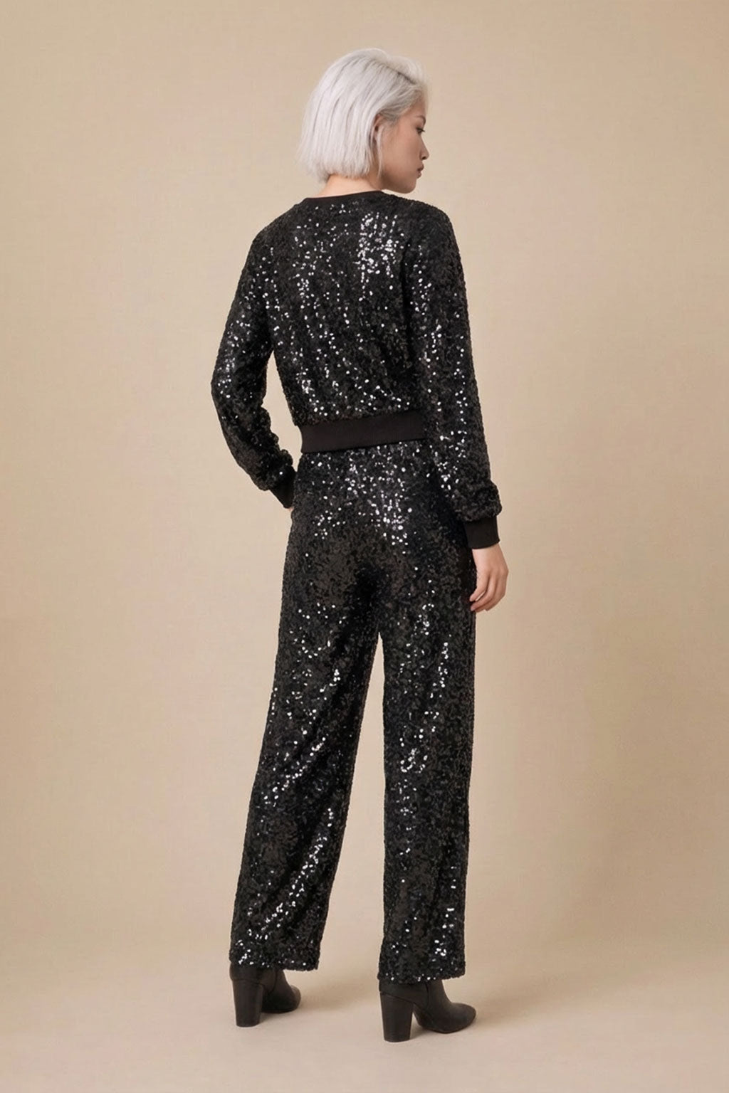 Lyza Elegant Black Two-Piece Set | Long Sleeve Crewneck & Straight-Leg Pants