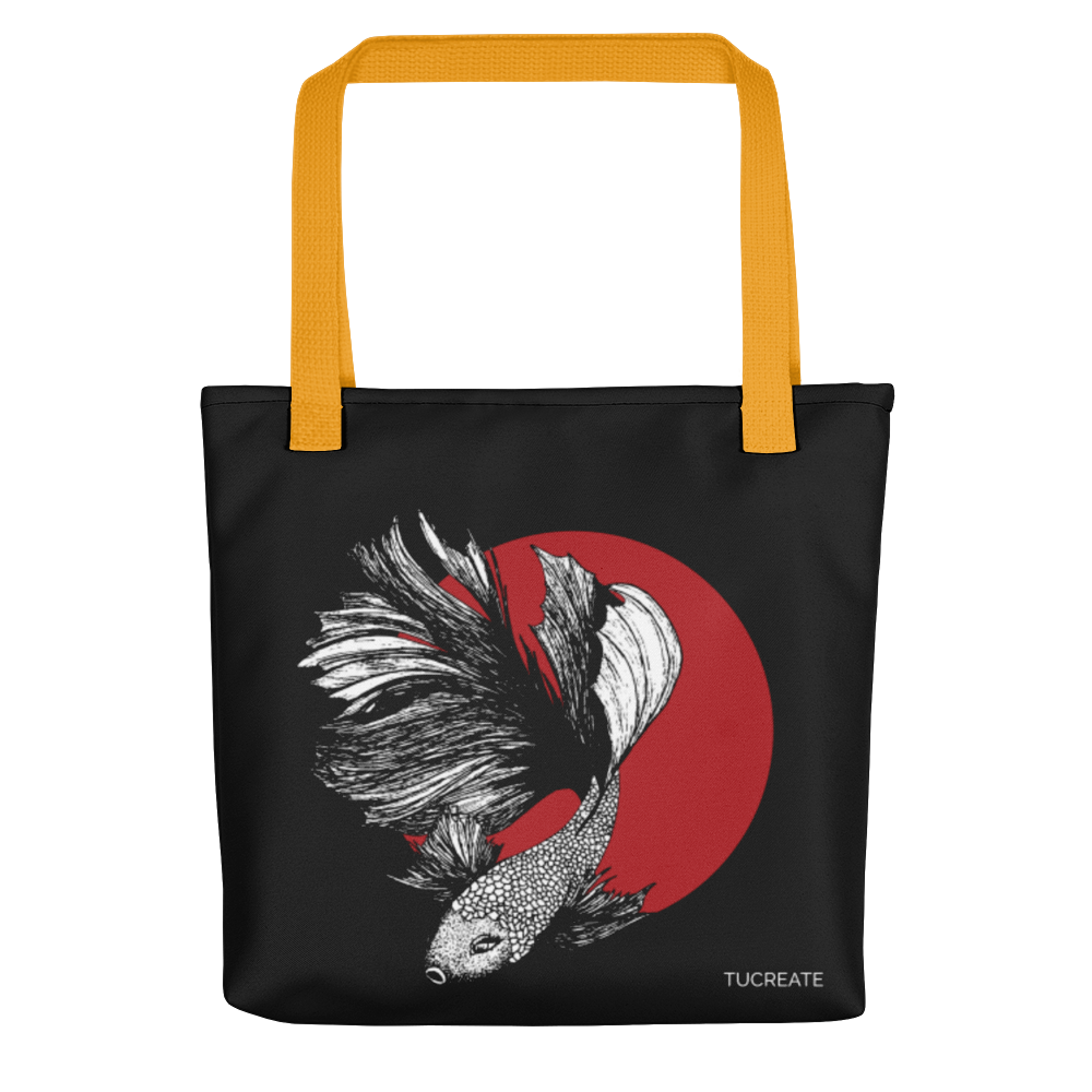 yellow strap tote bag half moon beta fish print